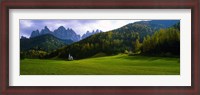 Framed Valley with a church and mountains in the background, Santa Maddalena, Val De Funes, Le Odle, Dolomites, Italy