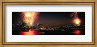 Framed Firework display at New year's eve in a city, Cremorne Point, Sydney, New South Wales, Australia