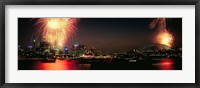 Framed Firework display at New year's eve in a city, Cremorne Point, Sydney, New South Wales, Australia