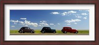Framed Three Hot Rods moving on a highway, Route 66, USA