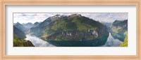 Framed Reflection of mountains in fjord, Geirangerfjord, Sunnmore, Norway
