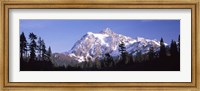 Framed Mountain range covered with snow, Mt Shuksan, Picture Lake, North Cascades National Park, Washington State, USA