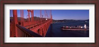 Framed Container ship passing under a suspension bridge, Golden Gate Bridge, San Francisco Bay, San Francisco, California, USA