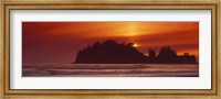 Framed Silhouette of sea stack at sunrise, Washington State, USA