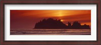 Framed Silhouette of sea stack at sunrise, Washington State, USA