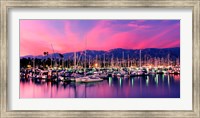 Framed Boats moored in harbor at sunset, Santa Barbara Harbor, Santa Barbara County, California, USA