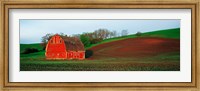 Framed Red Barn in a Field at Sunset, Washington State, USA