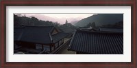 Framed Buddhist temple with mountain range in the background, Kayasan Mountains, Haeinsa Temple, Gyeongsang Province, South Korea