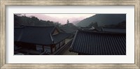 Framed Buddhist temple with mountain range in the background, Kayasan Mountains, Haeinsa Temple, Gyeongsang Province, South Korea