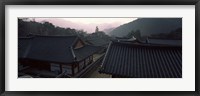 Framed Buddhist temple with mountain range in the background, Kayasan Mountains, Haeinsa Temple, Gyeongsang Province, South Korea