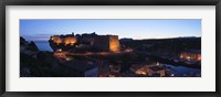 Framed Castle lit up at night, Bonifacio Harbour, Corsica, France