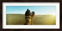 Framed Row of people riding camels through the desert, Sahara Desert, Morocco