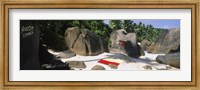 Framed Nudist corner written on a rock on the beach, Mahe Island, Seychelles