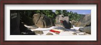 Framed Nudist corner written on a rock on the beach, Mahe Island, Seychelles