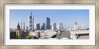 Framed City skyline with St. Catherine's Church from over the rooftop of the Cathedral Museum, Frankfurt, Hesse, Germany