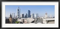 Framed City skyline with St. Catherine's Church from over the rooftop of the Cathedral Museum, Frankfurt, Hesse, Germany