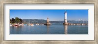 Framed Entrance of the harbor with the Bavarian lion and the lighthouse, Lindau, Lake Constance, Bavaria, Germany