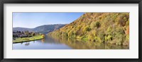 Framed River flowing in a valley in autumn, Neckar River, Neckargemund, Baden-Wurttemberg, Germany