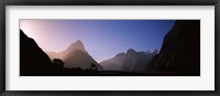 Framed Mountain range at water's edge, Milford Sound, Fiordland National Park, South Island, New Zealand