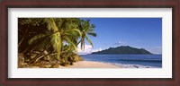 Framed Palm trees grow out over a small beach with Silhouette Island in the background, Seychelles