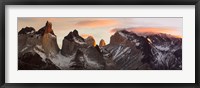 Framed Snowcapped mountain range, Paine Massif, Torres del Paine National Park, Magallanes Region, Patagonia, Chile