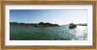 Framed Rocky island and boat in the Mediterranean sea, Sunken City, Kekova, Antalya Province, Turkey