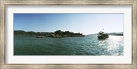 Framed Rocky island and boat in the Mediterranean sea, Sunken City, Kekova, Antalya Province, Turkey