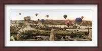 Framed Mulit colored hot air balloons at sunrise over Cappadocia, Central Anatolia Region, Turkey