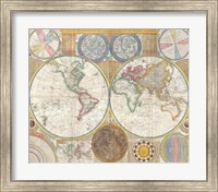 Framed 1794 Samuel Dunn Wall Map of the World in Hemispheres