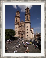 Framed Group of people in front of a cathedral, Santa Prisca Cathedral, Plaza Borda, Taxco, Guerrero, Mexico