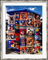 Framed Pillow covers for sale at a handicraft market, Otavalo, Imbabura Province, Ecuador