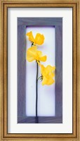 Framed Rectangular purple frame with yellow flowers on green stems in center on pink background