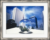 Framed Close up of clear globe with white sky line in center duplicated background