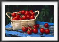 Framed Still life of cherry tomatoes in a rectangular woven basket sitting on distressed blue painted table top