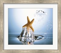 Framed Starfish rising on water bubble toward bright light