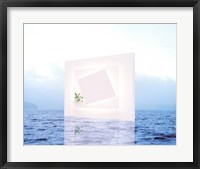 Framed White frame with small vine floating on blue water with reflection