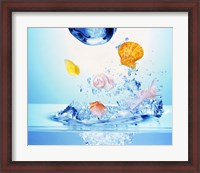 Framed Multicolored seashells and water bubbles in churning water