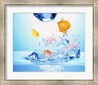Framed Multicolored seashells and water bubbles in churning water