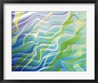 Framed Abstract steaks of green, blue, lavender and white in blowing fabric