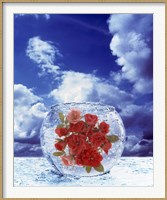 Framed Crystal round vase filled with ice and red roses resting on seashore with blue sky and white clouds