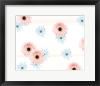 Framed Pink and blue daisies on pink blue and white fabric