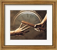 Framed Close up of two runners hands passing the baton in relay race in front of old European clock face