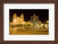Framed Fountain lit up at night at a town square, Cuzco, Cusco Province, Cusco Region, Peru
