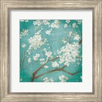 Framed White Cherry Blossoms I on Blue Aged No Bird