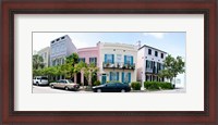 Framed Rainbow row colorful houses along a street, East Bay Street, Charleston, South Carolina, USA