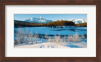 Framed Frozen river with mountain range in the background, Mt Fryatt, Athabaska River, Jasper National Park, Alberta, Canada