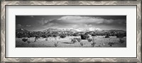 Framed High desert plains landscape with snowcapped Sangre de Cristo Mountains in the background, New Mexico (black and white)