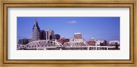 Framed Shelby Street Bridge with downtown skyline in background, Nashville, Tennessee, USA 2013