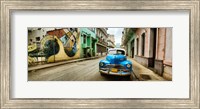 Framed Old car and a mural on a street, Havana, Cuba