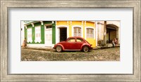Framed Small old red car parked in front of colorful building, Pelourinho, Salvador, Bahia, Brazil